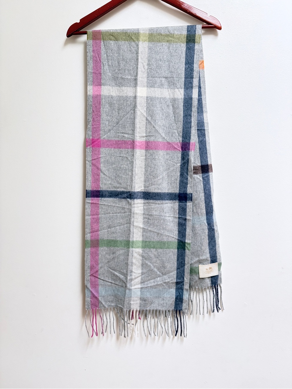 COACH Light Gray Plaid Fringe 100% Cashmere Scarf Multicolour